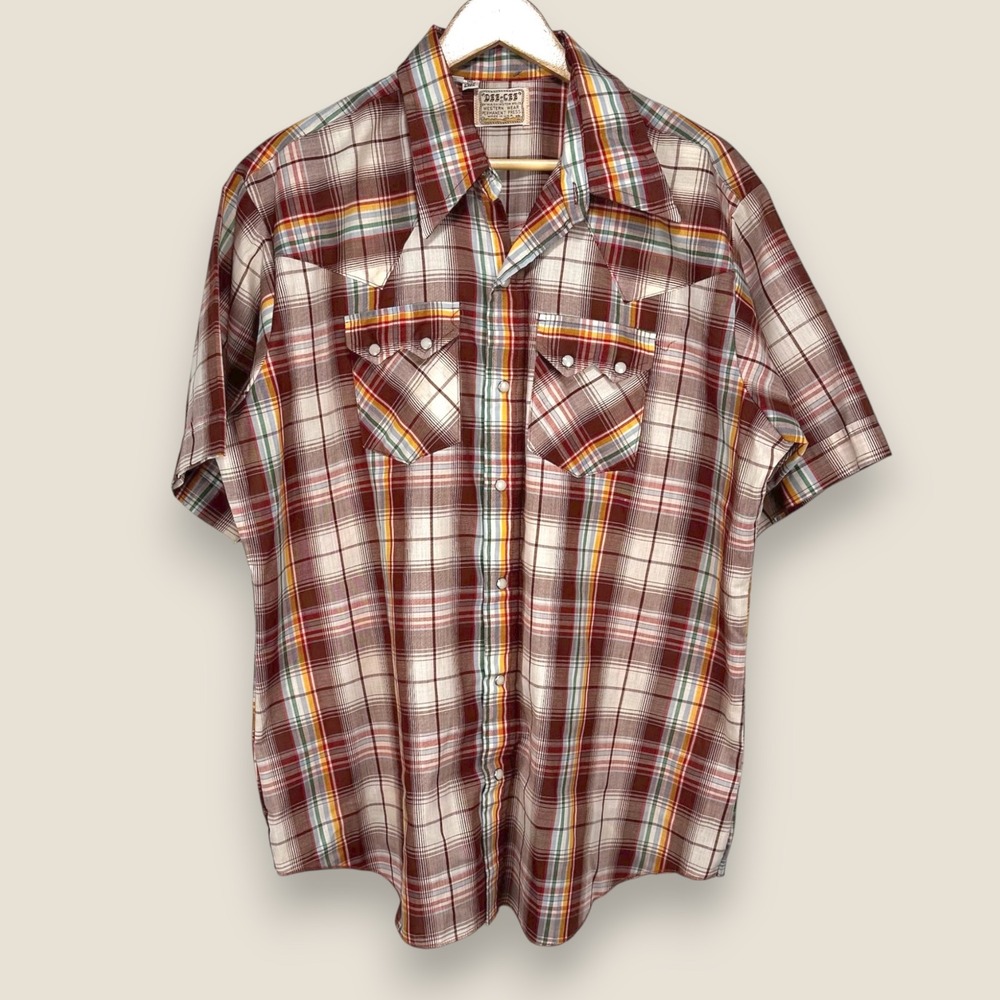 VTG Dee-Cee Western Wear Perma Press‎ Shirt Men XL Brown Plaid Sawtooth Snap USA